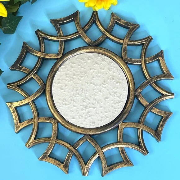 Rustic Sunburst Accent Mirror‎ Antique Look Brushed Gold Finish Home Wall Decor