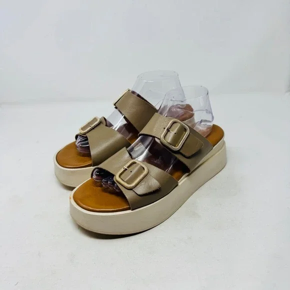 Simona Rossi Leather Platform Slide Sandals Taupe Size 42 Chunky Double Buckle‎