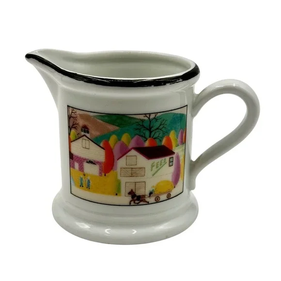 White Ceramic Creamer Pitcher Farmhouse Scene‎ Black Rim Japan