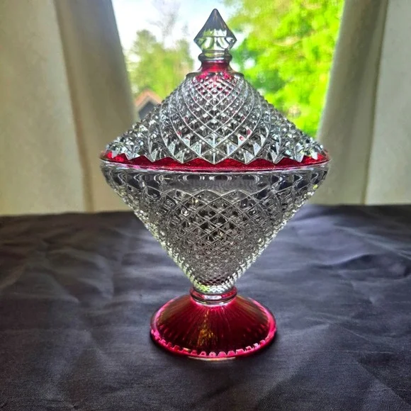 Vintage Ruby Red Flash Diamond Point Glass Lidded Candy Dish Pedestal Compote