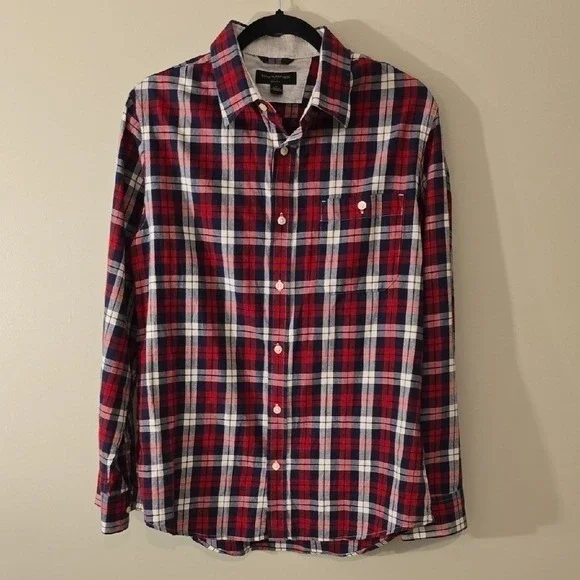 Banana Republic Slim Fit Flannel Shirt Mens Large Red Navy Blue Plaid Cotton L