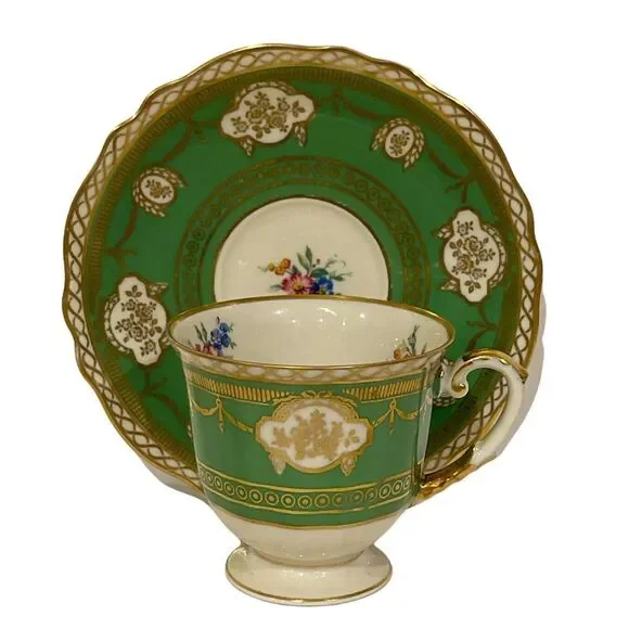 Selb Bavaria K&A Krautheim #8310 Green Gold Hand Painted Demitasse Cup & Saucer‎