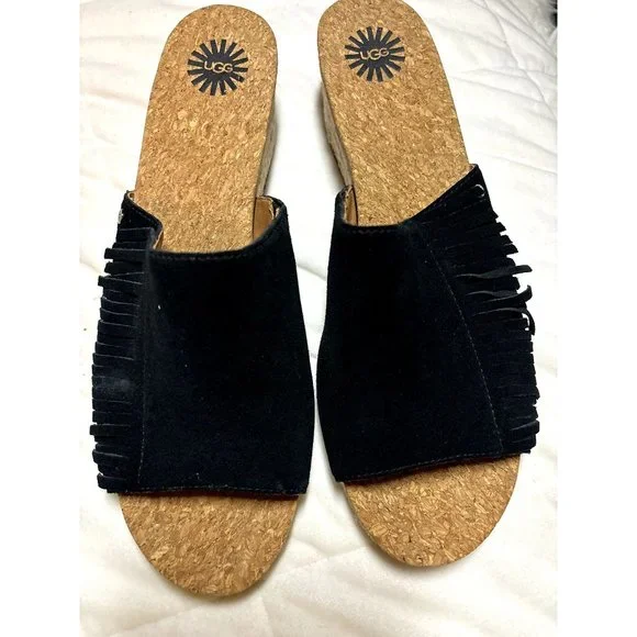 UGG Australia Danes Peep‎ Toe Suede Fringe Jute Wedge Size 10