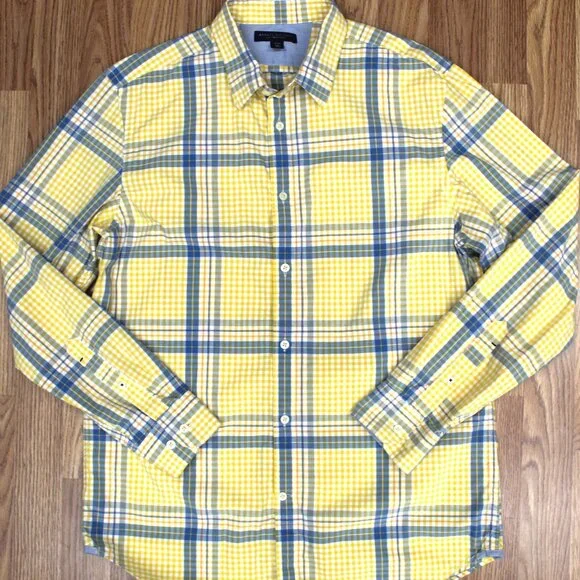BANANA REPUBLIC REGULAR FIT 100% COTTON SHIRT YELLOW, WHITE & BLUE Sz LARGE, L