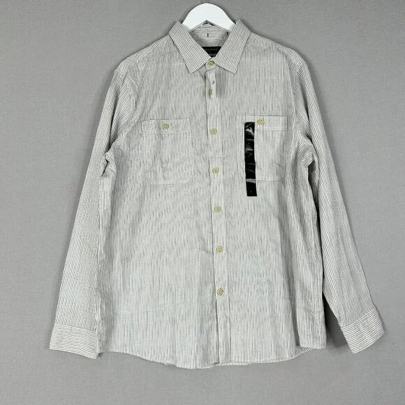 Banana Republic Mens Shirt Large White Coastal Mini Stripe Button Front Office