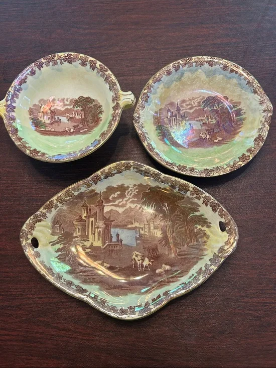 Vintage Maling Newcastle On Tyne England China Serving Set; Brown & Cream Lustre