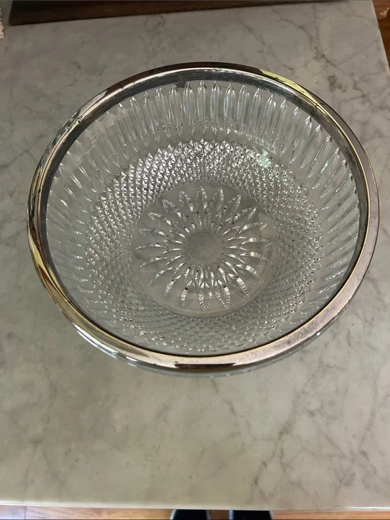 Leaded Glass Silver Rimmed Bowl Two Quart Size; in Excellent Condition; Heavy!