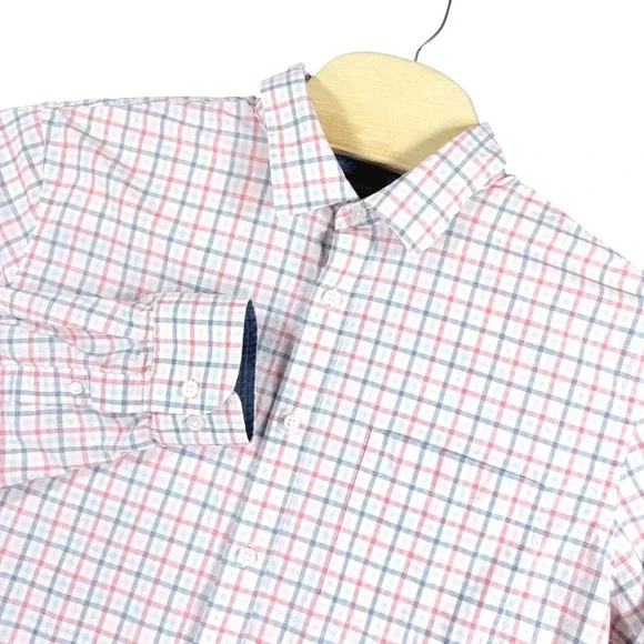 Banana Republic Button Down Mens XL Red Blue Plaid Organic‎ Cotton Untucked Fit