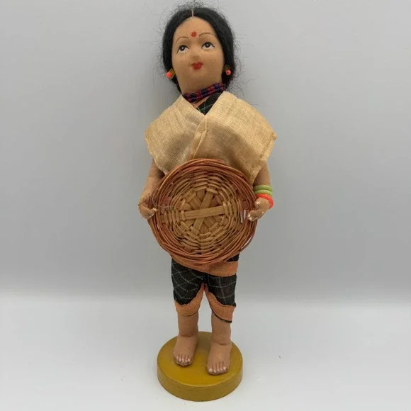Vintage Folk Art‎ Doll Woman Holding Basket Ethnic Traditional Outfit