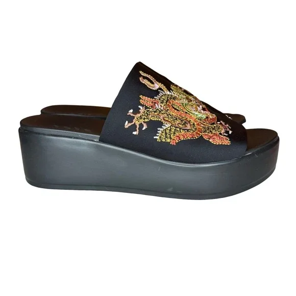 Y2K Bebe Embroidered Dragon Satin Platform Slides Sandals 2000s Rave Size‎ 8