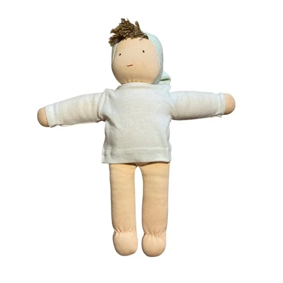 Waldorf Style Soft Plush Doll 13 Inch Handmade Fabric Toy Green Cap White Shirt