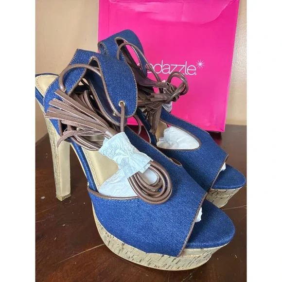 ShoeDazzle Denim Cork Platform Lace Up Tassel Fringe Sandals Blue Brown Heel