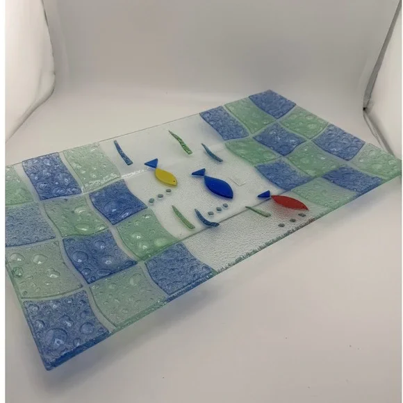 Glass Rectangular Serving Dish With Blue Green Checkered Border and Fish‎ Design