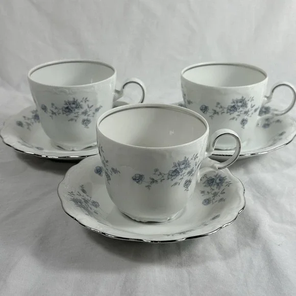 3 Johann Haviland Blue Garland Tea Sets 3 Cups & 3 Saucers Bavaria Germany