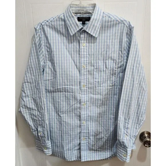 Banana Republic Non Iron Slim Fit White Blue Paid Button Up Shirt‎ Sz M Cotton