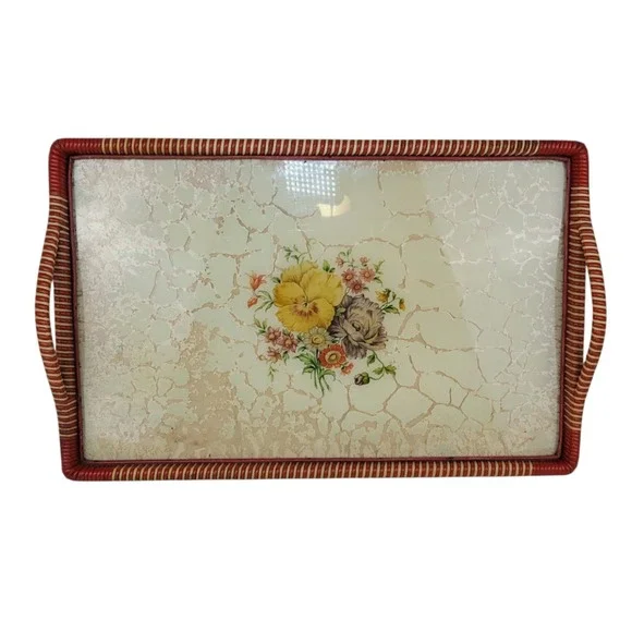 Vintage Floral Serving Tray Red Cream Wicker Trim Pansy Flower Crackle Finish