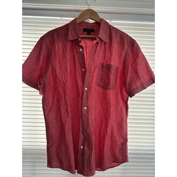 Banana Republic Mens L Red Linen Blend  Button Down Short Sleeve Shirt Cool