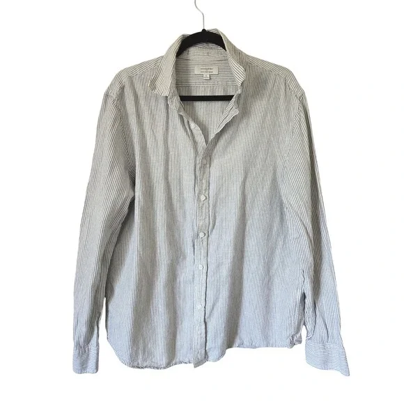 Banana Republic Mens L Slim Linen Blend Striped Long Sleeve Shirt Gray White