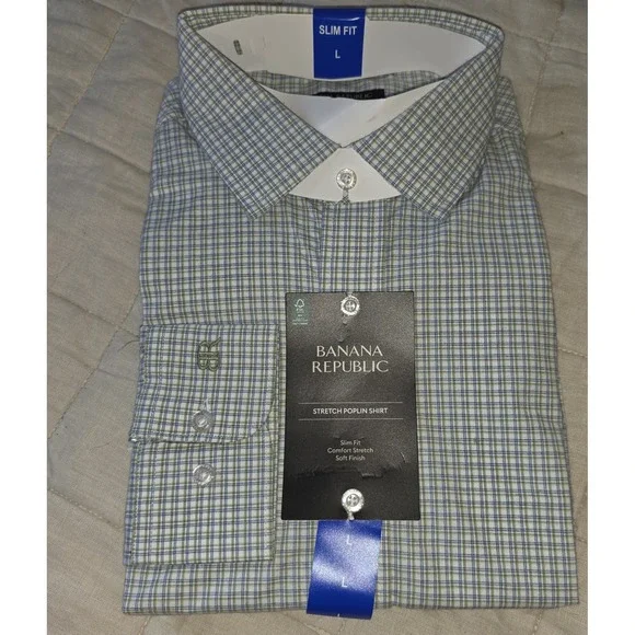 Banana Republic Stretch Poplin Shirt,‎  Green, Large Slim Fit
