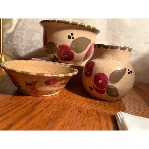 Artist Signed 'Berk' Studio Pottery Set -Hand Painted Blue & Red Stoneware