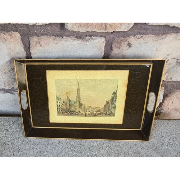 Vintage Metal Serving Tray Brussels Cityscape Black Gold Crackle Wall Decor