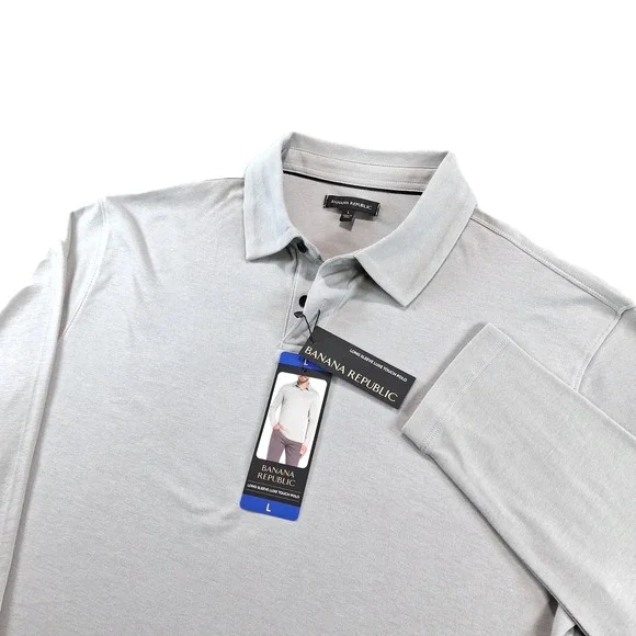 Banana Republic Luxe Touch Polo Mens Large Grey Long Sleeve Cotton 19160