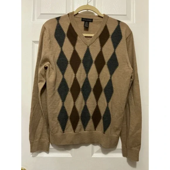 Banana Republic Men M Tan Extra Fine Italian Merino Wool Sweater V Neck‎ Preppy