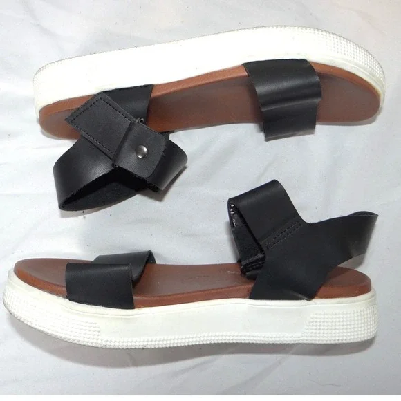 MIA Womens Black Faux Leather Platform Sandals Ankle Strap Hook Loop Size 5.5