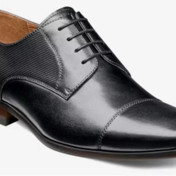 Florsheim Black Leather Cap-Toe Derby with Textured Side Panels