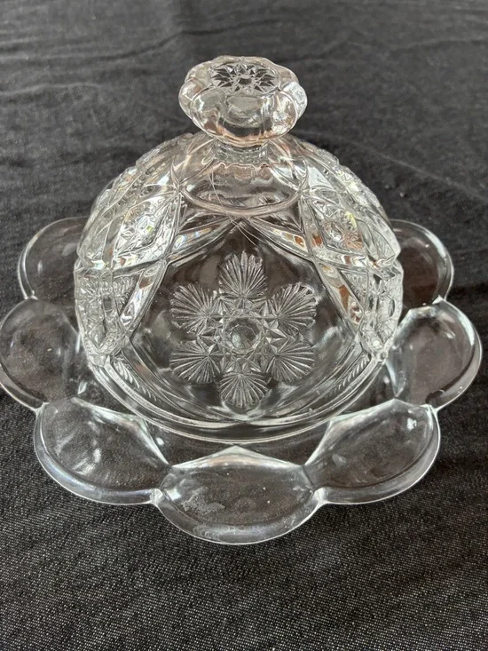 Clear Floral Pressed Glass Butter Dish with Dome Lid. Ventige