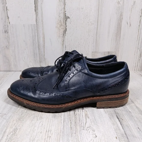 Ecco Shoes‎ Men's 9 Navy Blue Leather Wingtip Oxford Dress Brogue Detail