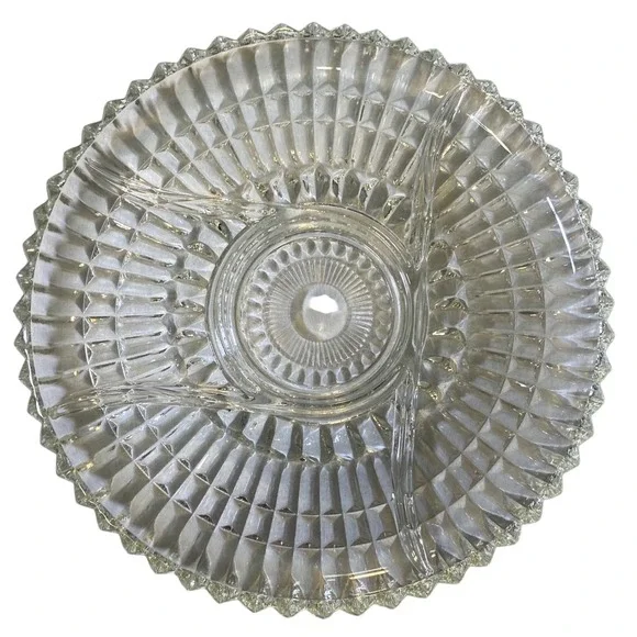 Vintage Clear Pressed Glass Divided Relish Tray Diamond Point Sunburst 11.5 Inch