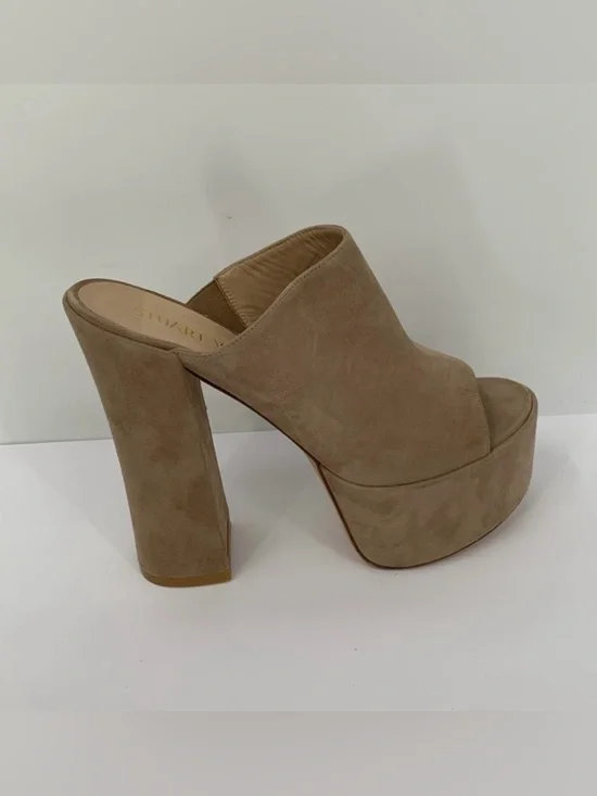 Stuart Weitzman 145 Skyhi suede slide mule shoe platform chunky heel brown 10