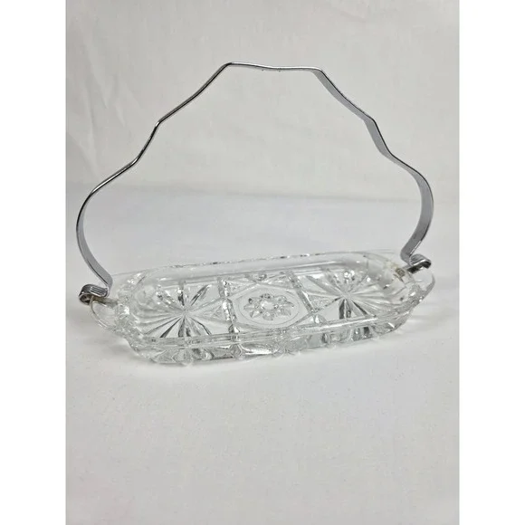 Vintage‎ Glass Relish Tray Chrome Handle Starburst Cut Pattern Candy Dish Server