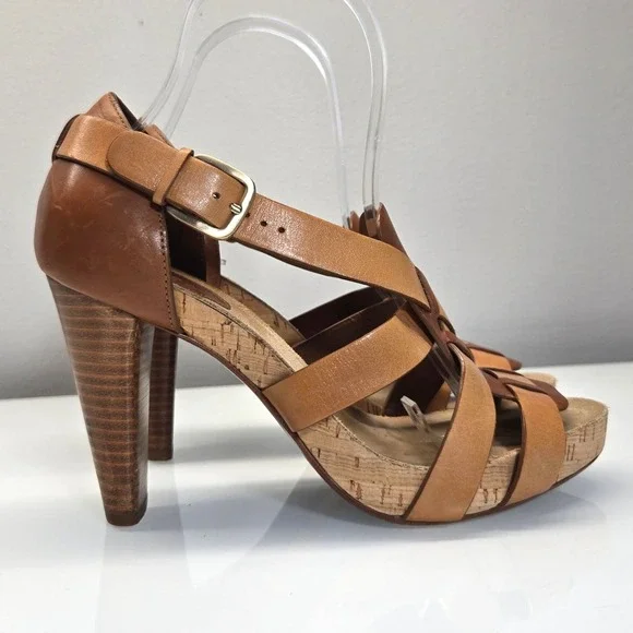 Vintage Y2K Cole Haan Leather Sandals 6B Brown Cork Chunky Platform Heel Strappy