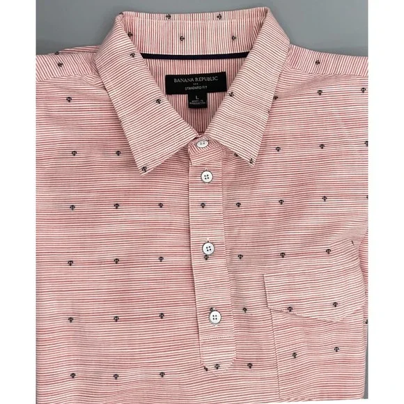 Banana Republic Mens Short Sleeve Shirt Red White Striped Micro Anchor Print L