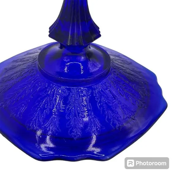 Vintage Cobalt‎ Blue Princess Pattern Depression Glass Candy Dish LID READ