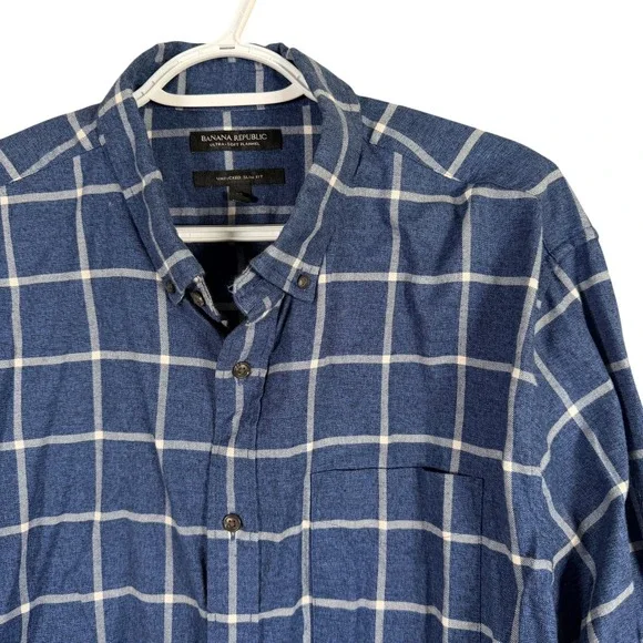 Banana Republic Ultra Soft Flannel Shirt Mens XL Blue Plaid Untucked Slim Fit