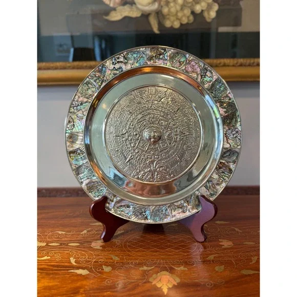 Vintage Aztec Calendar Wall‎ Plate - Alpaca Mexico Silver with Abalone Inlay