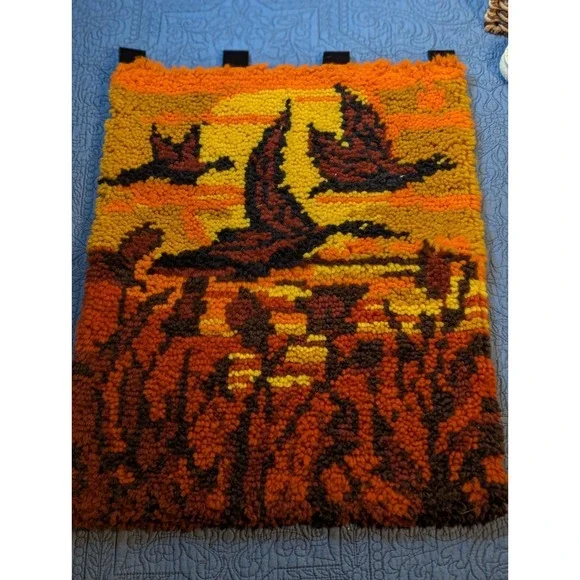 Vintage 70s Geese in Flight Latch Hook Rug Wall Hanging Sunset 24x18 Ready to...
