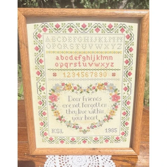 Vintage Framed Cross Stitch Sampler Dear Friends Live Within Your Heart 12 X 15
