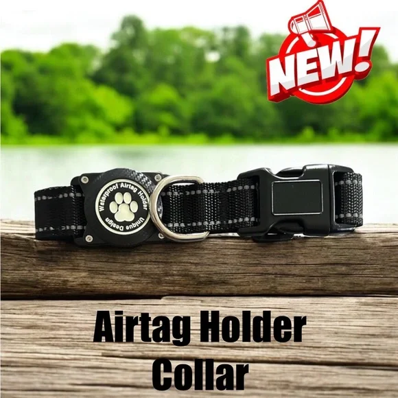 Black Dog Collar Small, Waterproof AirTag Holder with Reflective Stitching