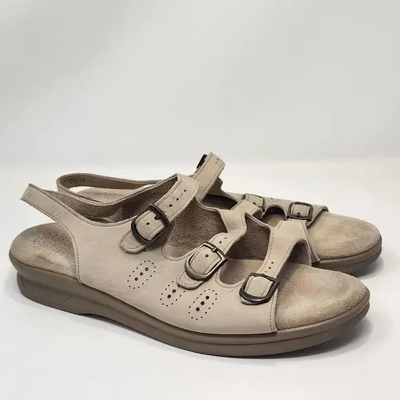 SAS Women Trio II Tripad Cream Leather Wedge Sandals Size 10M Three Strap Buckle