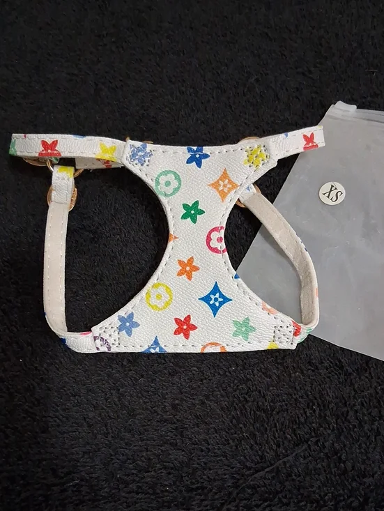 White Faux Leather Pet Harness - Colorful Luxury Monogram Print - XS