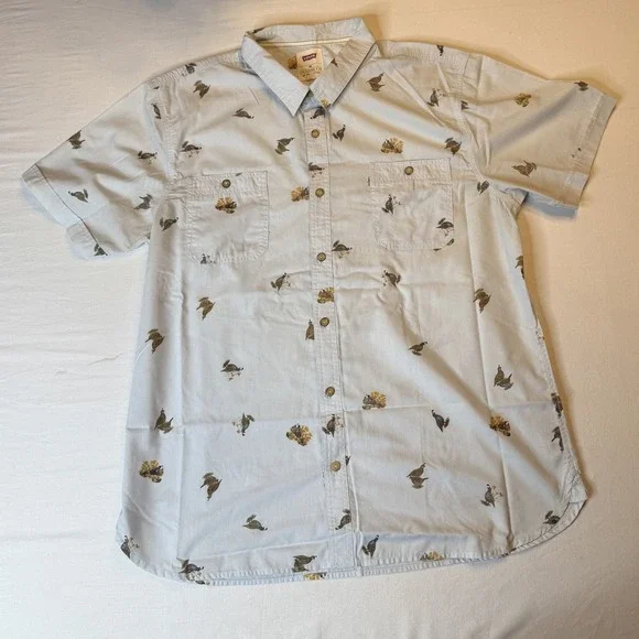 Levis Shirt Mens 2XL Light Blue Quail Print Short‎ Sleeve Button Up 3LDSW0931