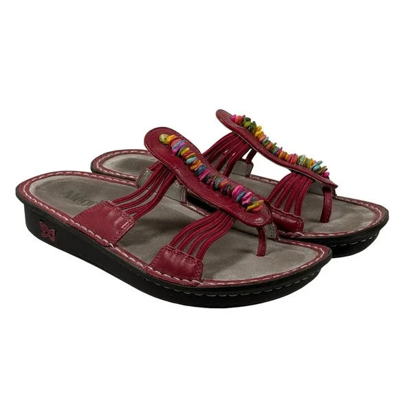 Alegria Red Leather Beaded Sandals PIS-615 Womens 39 Multi-Color Boho Slide
