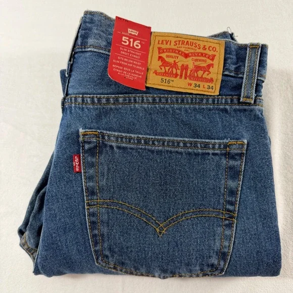 Levi's 516 Slim Straight Jeans Mens 34x34 Blue Denim Classic‎ Aesthetic NWT