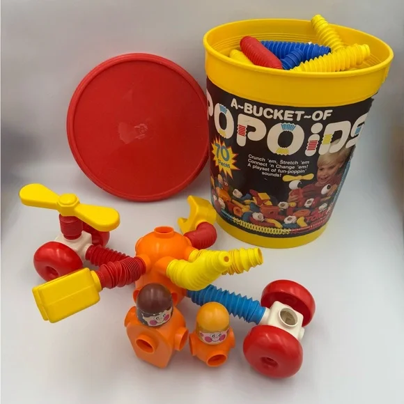 Vintage Popoids Bucket of Popoids 80 Pc‎ Building Toy w/ Bucket Lid