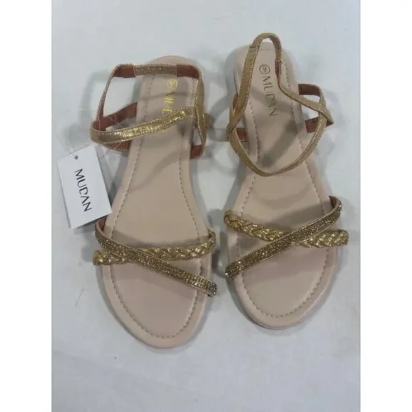 Mudan Champagne Jeweled Cross Strap Flat Sandals Size 9