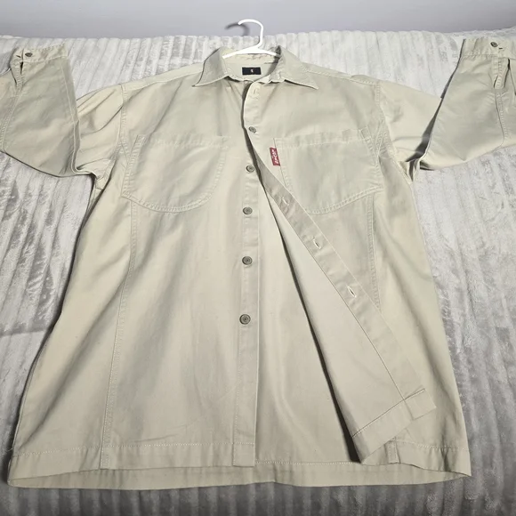 Vntg Levis Shirt Mens M Beige brass Button Up Red‎ Tab Twill Work. 544